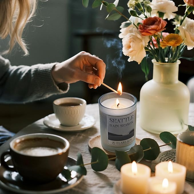 Seattle RAIN Season Scented Candle | 40H Burn Time, 8.8oz Clean-Burning Plant-Based Candle | Tranquil Pacific Northwest Scent | Fall & Holiday Gift for Travel Lovers