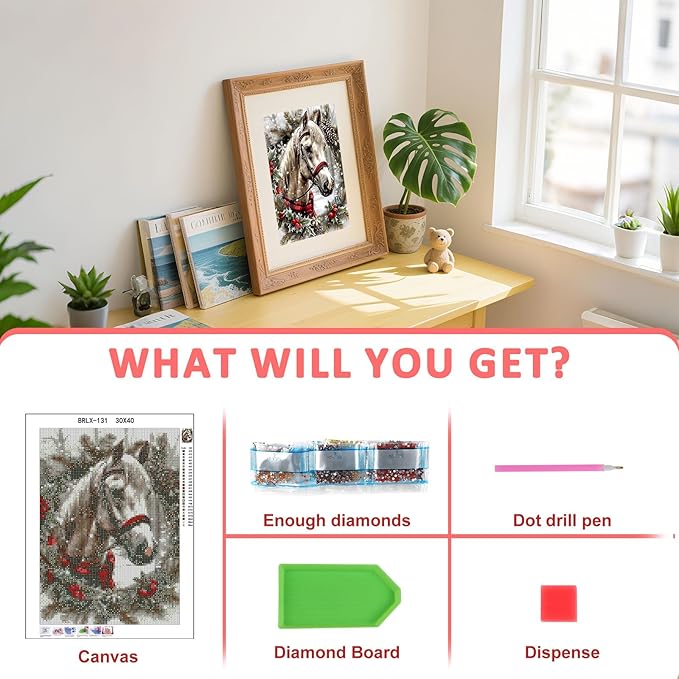 Skyboda Horse Diamond Art Kits for Adults Beginners, Christmas Diamond Painting Kits for Adults,5D Full Drill DIY Diamond Dot Gem Art Kit Wall Home Decor Arts Craft 12x16 inch