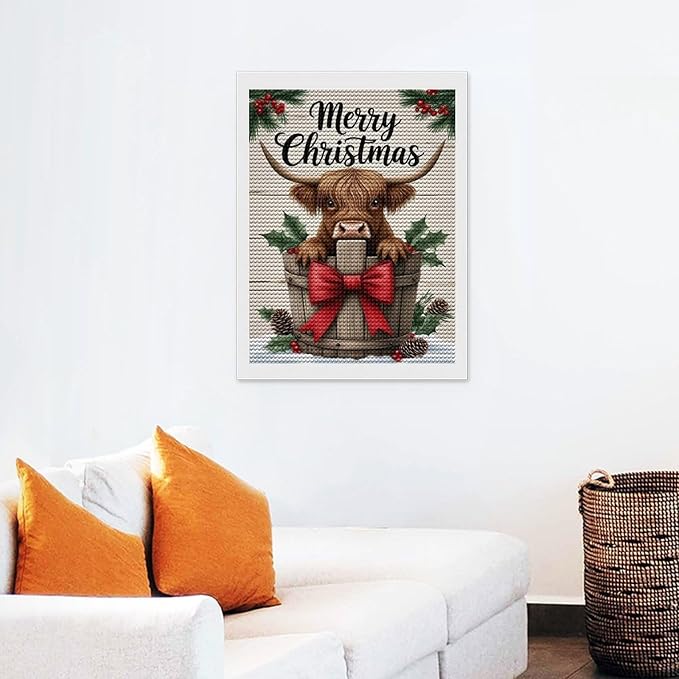 AIVKIEJK Diamond Painting Kits for Adults - Highland Cow Merry Christmas Painting DIY 5D Full Drill Diamond Dots Paintings with Diamonds Gem Art and Crafts Home Decor 12"x16"