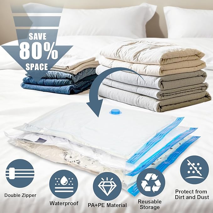 20 Jumbo Vacuum Storage Bags, Vacuum Seal Bags for Clothing Space Saver Compression Storage Bag with Hand Pump Extra Large for Clothing Travel Comforters Blankets Pillow Bedding Duvets Clothes
