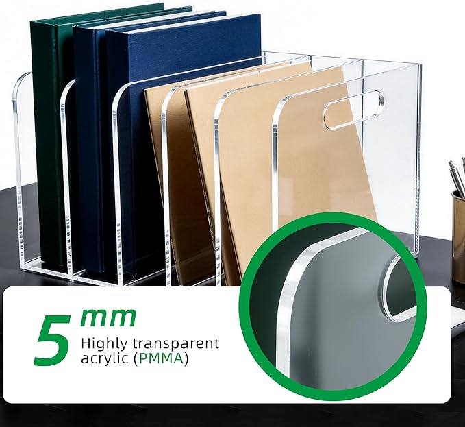 Acrylic Magazine File Holder, 5 Vertical Compartments Desk Document Sorter Organizer, Clear Folder Rack Binder for Office/Documents/Classroom, for Home, Tablet, Magazines, Books & Accessories