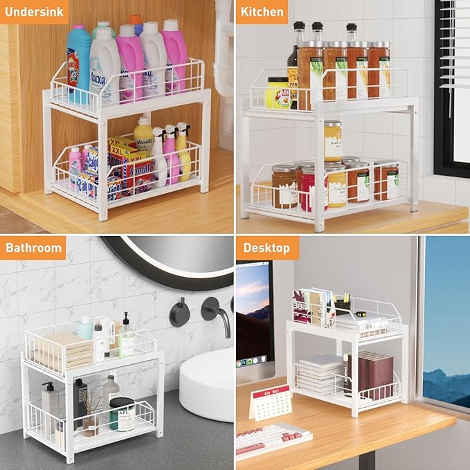 2 Tier Sliding Basket Drawer Organizer, Pull Out Under Sink Cabinets Organizers, Metal Home Shelf for Bathroom or Kitchen, Sliding Countertop or Pantry Storage Shelf, White
