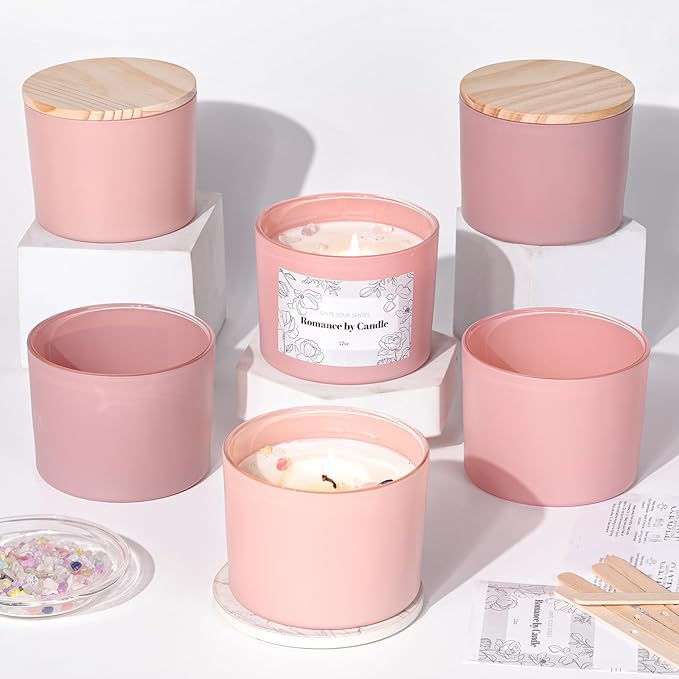 REISEN 6Pcs Assorted Pink Candle Jars for Making Candles, 12oz Empty Candle Jars with Bamboo Lids,Labels and 100g Crystal Rocks, Glass Jars for Candle Making Supplies, Candle Containers for DIY Gifts