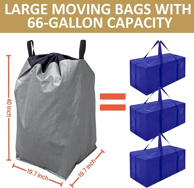 Moving Bags Heavy Duty Extra Large, 66 Gallon XL Waterproof Storage Bags with Handles, College Packing and Moving Supplies, Set of 4