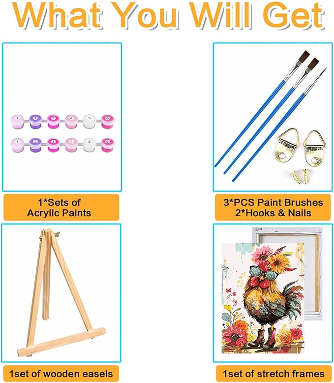 Meothan Framed Paint by Numbers Kits for Adults, Hen Chicken Adults Paint by Number with Framed on Canvas for Home Wall Decor 12x16inch (with Easel)