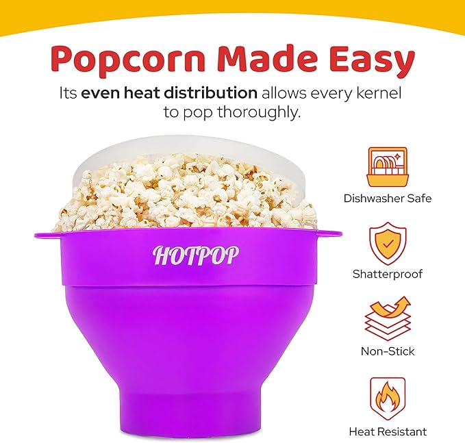 The Original Hotpop Microwave Popcorn Popper, Silicone Popcorn Maker, Collapsible Bowl BPA-Free and Dishwasher Safe- 20 Colors Available (Purple)