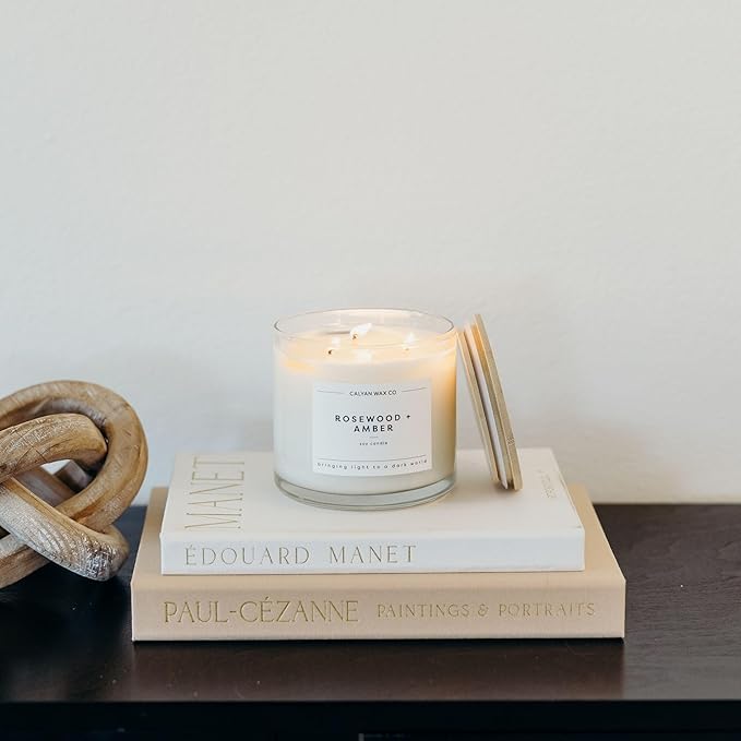 Calyan Wax Co. Rosewood & Amber 3 Wick Scented Candle - 43 Hour Burn - Luxury 3 Wick Soy Candles - Non Toxic Soy Wax Candles - Long Lasting Large Glass Jar Candle for Home - 14.9oz