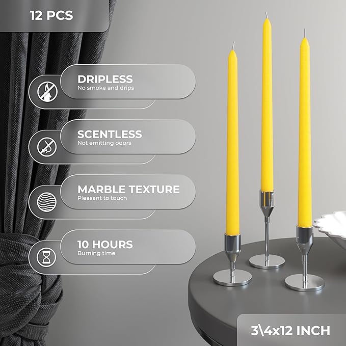 CANDWAX 12 inch Yellow Taper Candles Set of 12 - Unscented Smokeless Dripless Yellow Candles - Perfect for Home Décor, Special Occasions and Ordinary Dinners - Easter Candlesticks