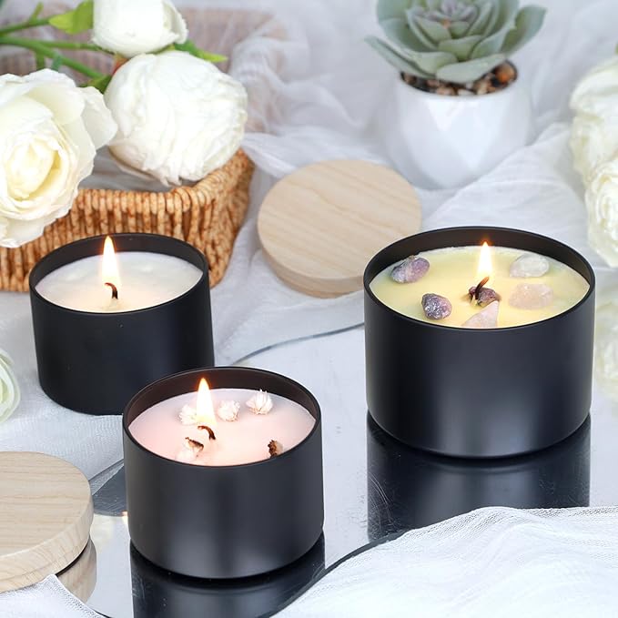 CONNOO 24 Pack Candle Tins, 12pcs 8 OZ & 12pcs 4 OZ Black Jars with Metal Wood-Grain Lids for Making Candles, Bulk Empty Containers for Candle Making, Wick Kit Included