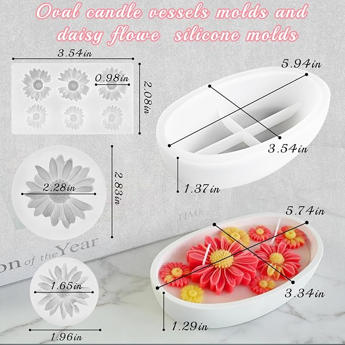 Daisy Candle Molds, 4Pcs Daisy Flower Silicone Molds for Candle, Boat Shaped Candle Vessel Mold Set for Scented Candle Making, Soap, Resin, DIY Handmade Aromatherapy Mothers Day Gifts