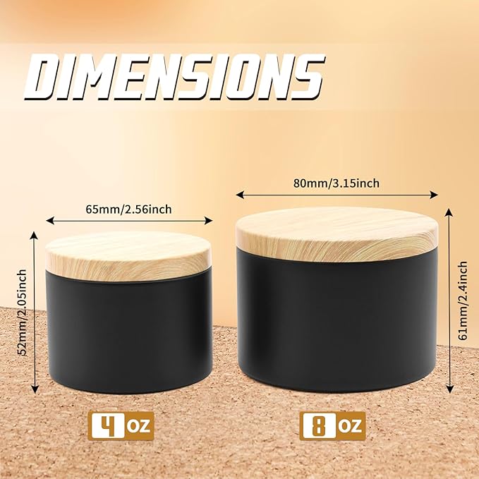 48-Pack Candle Jars, 24pcs 8oz + 24pcs 4oz Candle tins with Metal Wood-Grain Printing Lids, Empty Candle Jars for Making Candles Bulk Candle Containers-Black