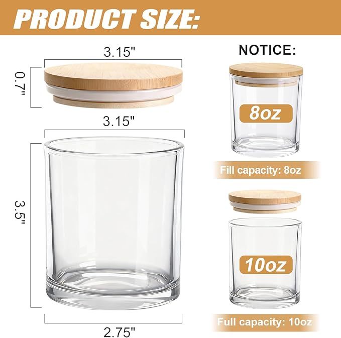 10oz Glass Candle Jars, 12-Pack Candle Jars for Making Candles, Empty Thick Glass Wide-Mouth Jars with Bamboo Lids & Wick Kits, Candle Containers Bulk - Clear