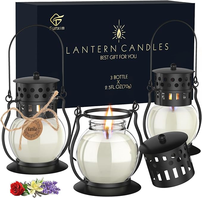 Scented Candles for Home, 3 Pack Retro Lantern Aromatherapy Candles for Home Scented, Lavender Candles Set, Soy Jar Candle Gifts for Women Men (Vanilla, Rose, Lavender)