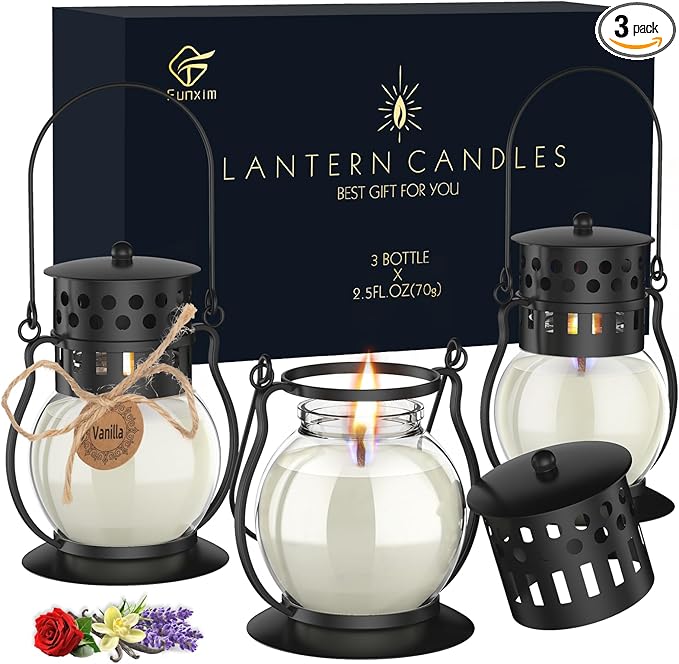 Scented Candles for Home, 3 Pack Retro Lantern Aromatherapy Candles for Home Scented, Lavender Candles Set, Soy Jar Candle Gifts for Women Men (Vanilla, Rose, Lavender)
