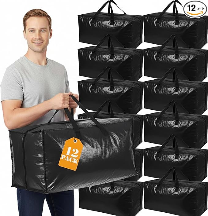 12 Pack Moving Bags with Strong Zippers Handle, Extra Large Heavy Duty Moving Bags Storage Totes for Space Saving Dorm Room Packing Clothes Containers Essentials Supplies(Black)