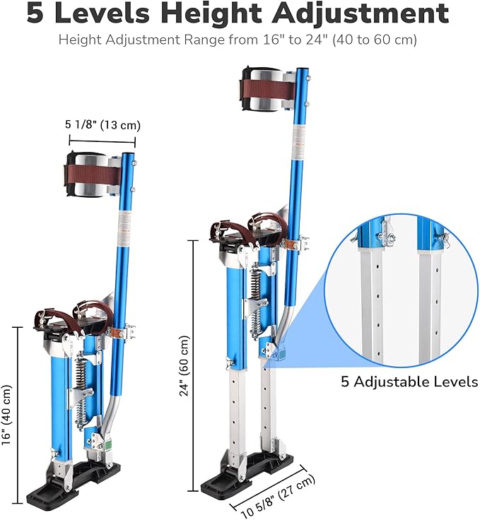 Yescom Drywall Stilts 16" - 24" Adjustable Aluminum Drywall Tools with Comfort Leg Pads for Sheetrock Painting Parade Costume Cleaning String Light Decor - Blue