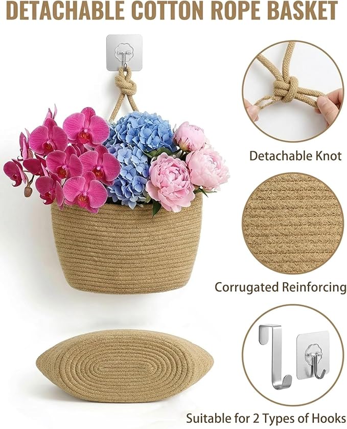 Over the Door Hanging Basket 3 Tier Woven Cotton Wall Mounted Storage Bag Boho Cottage Jute Baskets Kitchen Produce Organizer Vegetable Hang Wicker Closet Bathroom Decor Organizing Shelf(Brown)