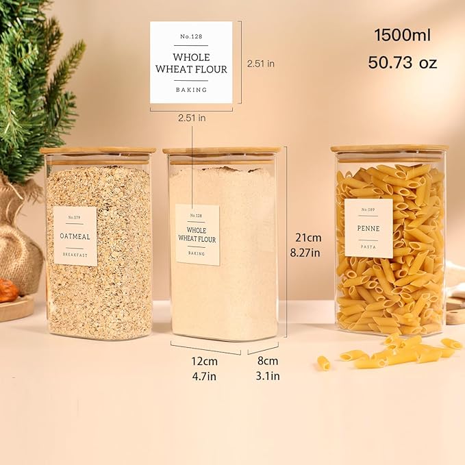 3 Pack Square Glass Pantry Storage Containers with 132 Kitchen Food Pantry Labels - 51 floz Clear Glass Pantry Jars with Airtight Wood Bamboo Lids - Glass Canisters for Candy, Cereal, Coffee, Spice