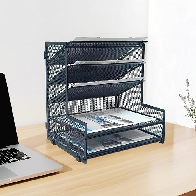 SETTFRFE Office Supplies Desk Organizer,Metal Desktop File Holder Organizer with 5 Tier Paper Tray,Black