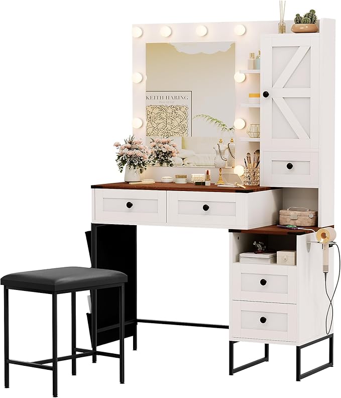 YIKEHOME Farmhouse 42'' Makeup Vanity Desk Set with Mirror, Vanity Table 3-Colour Lights with 5 Drawers & Shelves for Bedroom Dressing Room Brown