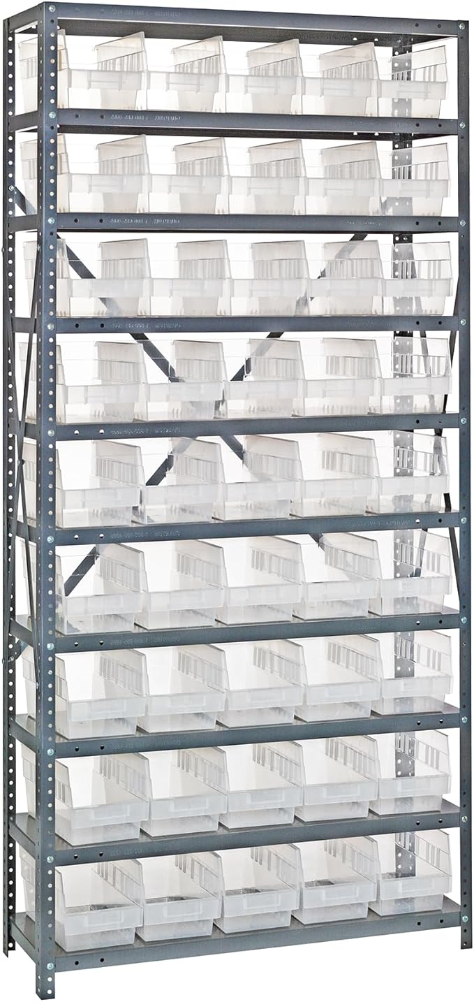 Quantum 1875-204CL Heavy Duty Shelving Unit with (13) Shelves and (45) QSB204 Clear Bins for Industrial Warehouse Storage Distribution | 400 lbs Capacity | 18"D x 36"L x 75"H, Galvanized Carbon Steel