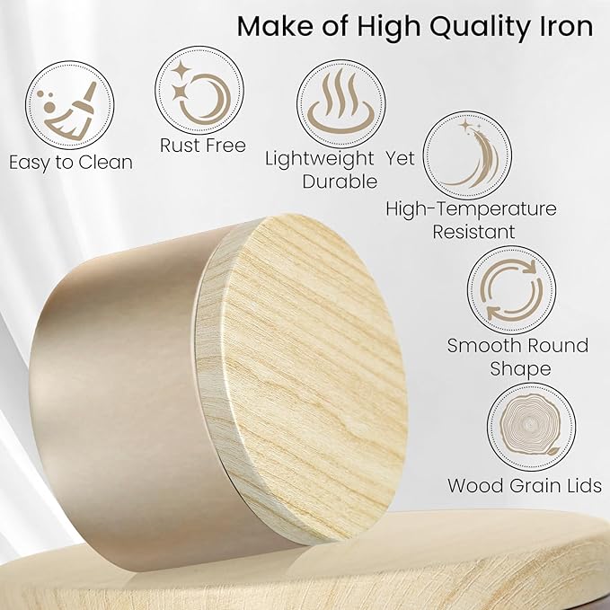 CONNOO 24 Pack Candle Tins, 12pcs 8 OZ & 12pcs 4 OZ Champagne Gold Jars with Metal Wood-Grain Lids for Making Candles, Bulk Empty Containers for Candle Making, Wick Kit Included