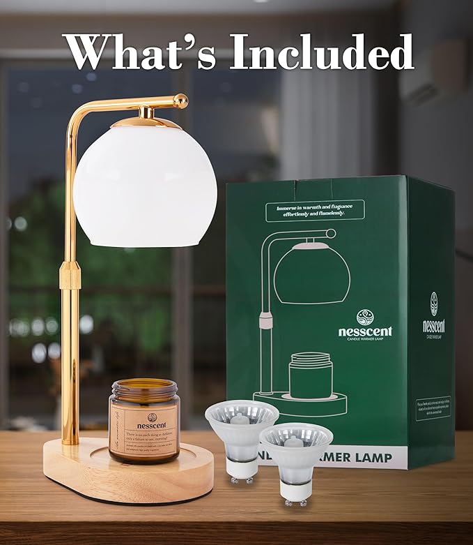 White Glass Candle Warmer Lamp Adjustable Height Dimmer 2 4 8 Hour Timer Natural Wood Base Wax Melter Includes Scented Candle and 2 Bulbs for Bedroom Living Room Modern Minimalist Decor