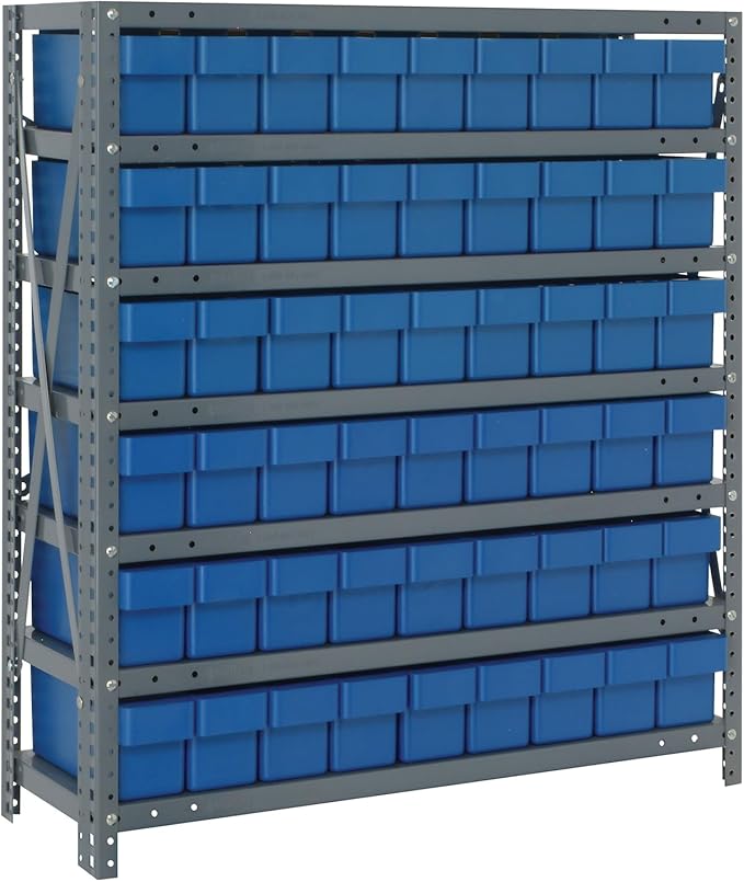 Quantum 1839-604BL Heavy Duty Shelving Unit with (7) Shelves and (54) Blue QED604 Bins for Garage Warehouse Storage Distribution | 400 lb Load Capacity | 18"D x 36"L x 39"H, Galvanized Carbon Steel