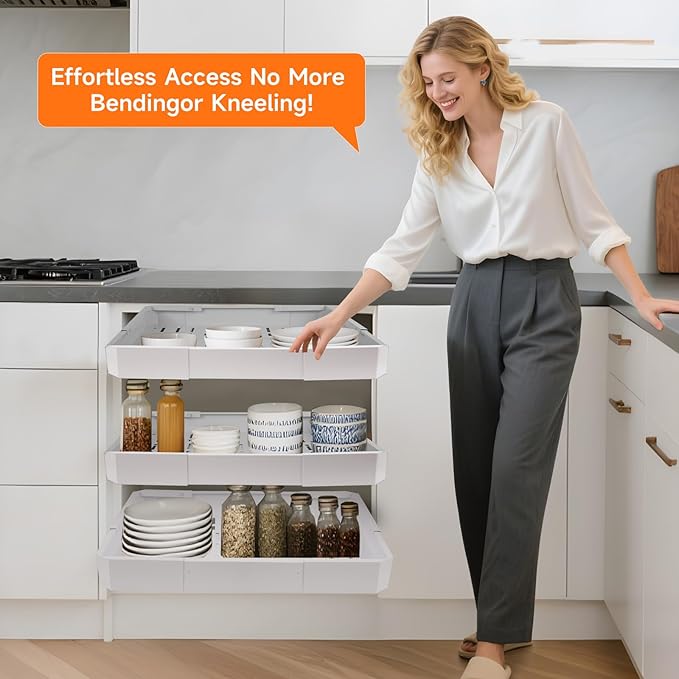 Pull out Cabinet Organizer 2 Pack,Adjustable Width (14"-19") and Depth (17"-24"),No Drill Slide out Drawers for Kitchen,Pantry,Adhesive Roll out Shelves,for Cabinets Without Lip,White