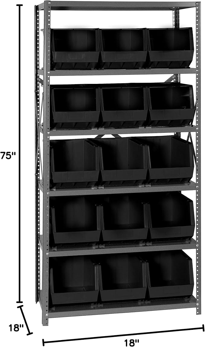 Quantum Storage Systems QSBU-260BK Giant Open Hopper Steel Shelving System, 18" D x 36" W x 75" H, with 6 Shelves and 15 QUS260 Bins, Black