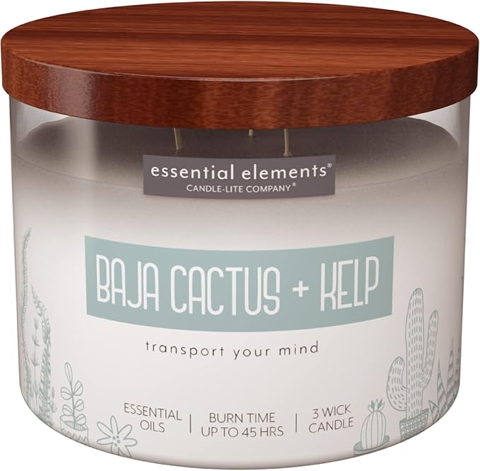 Essential Elements by Candle-lite Scented Candles, Baja Cactus & Kelp Fragrance, One 14.75 oz. Three-Wick Aromatherapy Candle with 45 Hours of Burn Time, Off-White Color