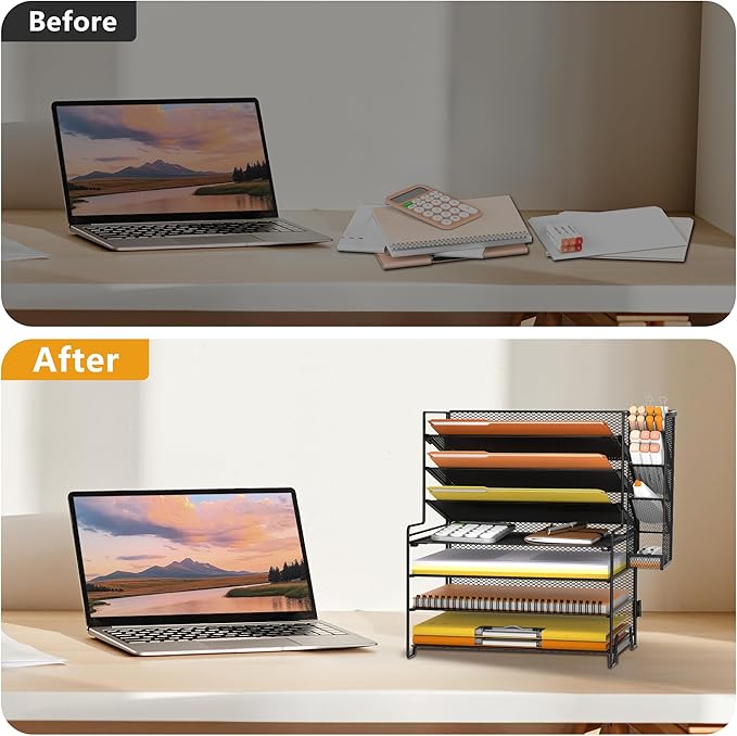 SUPEASY 7 Tier Desk Organizer, Desk File Organizer with Pen Holder, Paper Organizer for Desk, Desk Organizers and Accessories for Home Office School, Black