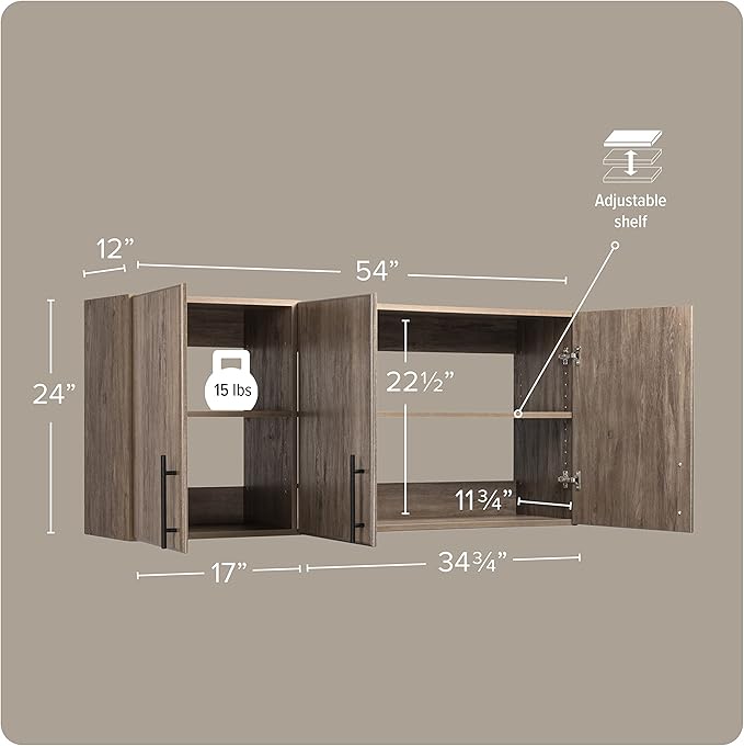 Prepac Elite 54" Wall Cabinet, Drifted Gray Storage Cabinet with 2 Adjustable Shelves, Storage for Pantry, Kitchen, Bathroom 12" D x 54" W x 24" H