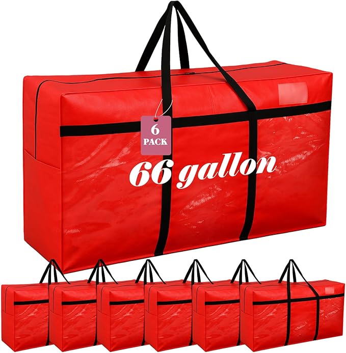 6 Pcs 66 Gallon Extra Large Moving Bags Heavy Duty Storage Bag with Strong Zipper Handle Foldable XXL Jumbo Storage Tote Packing Moving Box for College Dorm Travel Cloth Duffle (Red)