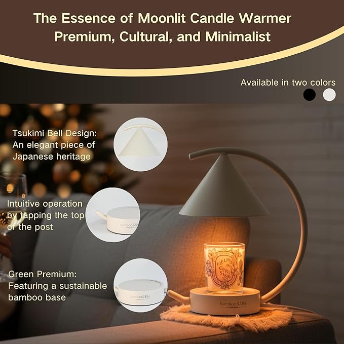 Bamboo&Life® Moonlit TouchOn Candle Warmer Lamp,4-Pc Eco-Luxury Set,Authentic Japan Moon Design,US Brand,UL&ETL Certified Components,Real Bamboo Base,Touch Dimmer,Birthday&Housewarming Gift,Home Decor