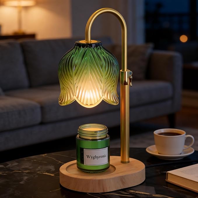 Candle Warmer Lamp with Adjustable Height - Flameless 4-Level Dimmable Wax Warmer, Timer Function & Stylish Design in Multiple Colors (Green Wood Base)
