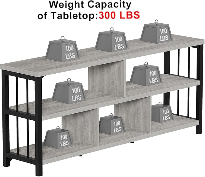 IBF Grey Bookshelf, Industrial 63” Long Open Book Shelf, Wide 5 Cube Gray Horizontal Bookcase for Home Bedroom, 3 Tier Wood Metal Low Cubby Storage Organizer Shelf for Living Room, Light Grey Oak