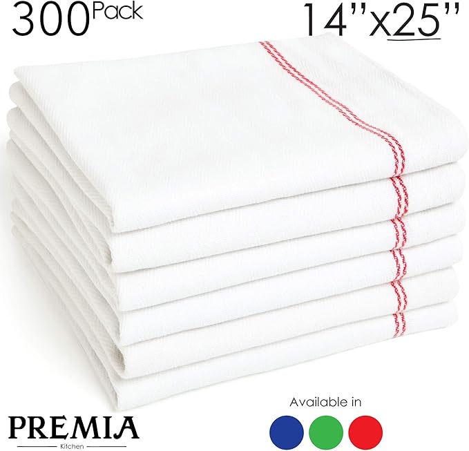Bulk Economy Wholesale Kitchen Dish Towels (300 Towels) - 100% Cotton Herringbone - Commercial Grade - Bleach Resistant - Restaurant Bar Mops - 24 oz/dz - White with Red Stripes