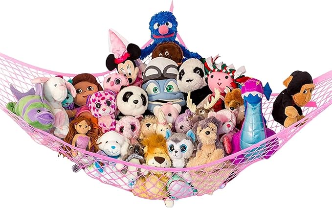 Lilly's Love Large Stuffed Animal Hammock | Corner Hanging Organizer, Toy Storage, Stuffed Animal Storage Net | Made From High Quality Fishing Net, Holds 12lbs | 79"x63"x63" (Pink)