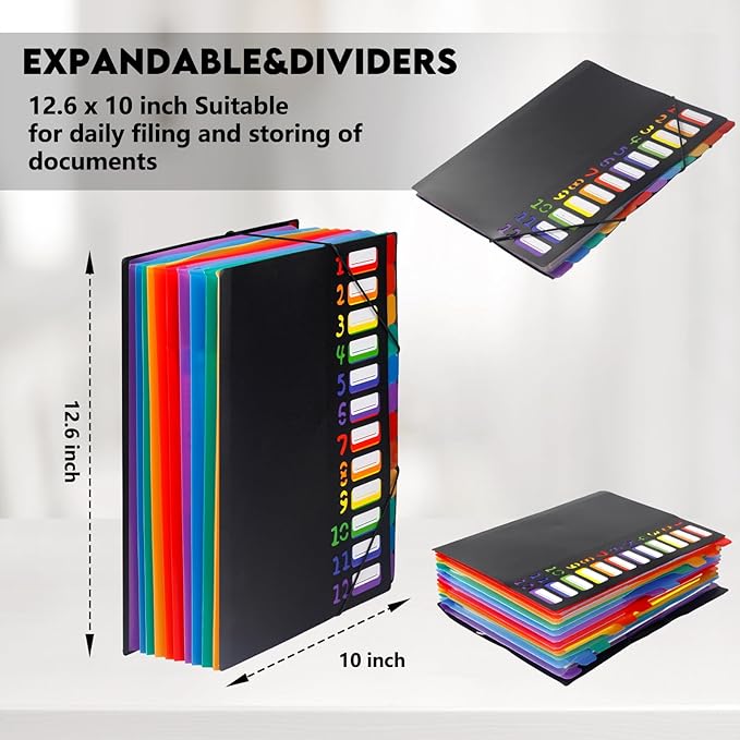 24 Pockets Expanding File Folder Organizer,Accordion File Organizer,A4 Letter Size,Rainbow Tab, for Home/Office/School Document Organizer (Black)
