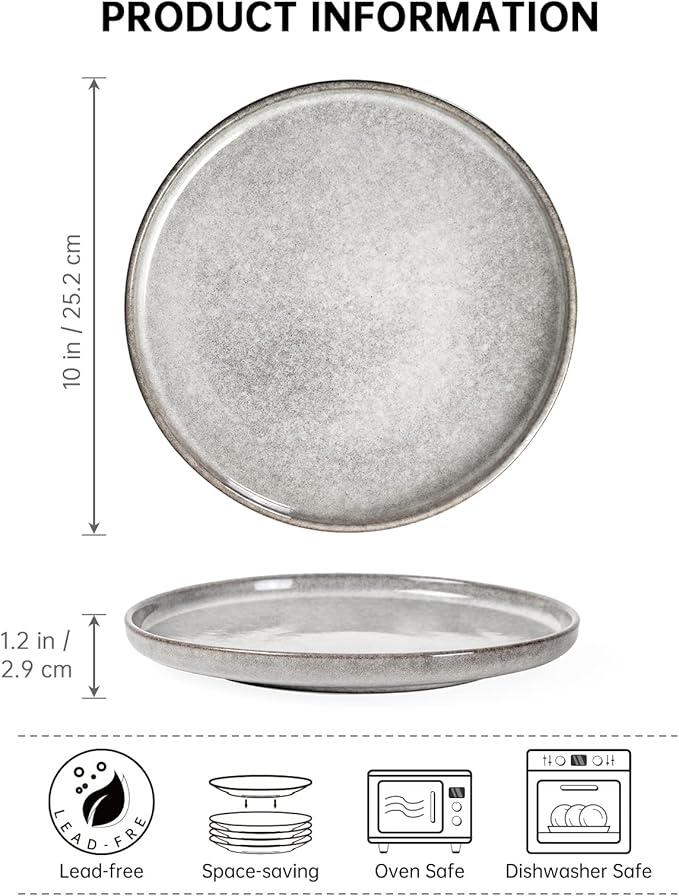 Henten Home 10 Inch Ceramic Dinner Plates, Porcelain Steak Plates Set of 4, Fluted Round Plates for Kitchen, Pasta, Salad Stonware Dishes, Scratch Resistant (Grey)