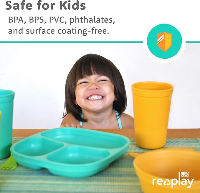 Re-Play Toddler Plates with Dividers - Deep-Walled 3 Compartments Divided Plates for Kids - Dishwasher & Microwave Safe - Made in USA - Set of 4-7.37" x 7.37" x 1.25" - Bubble Pop