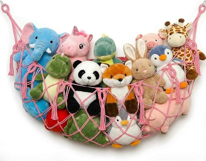 Stuffed Animal Net or Hammock for Flat Wall Mounted Handmade Macrame Toy Display Hanging Plush Toy Net for Stuff Animal Storage(pink large)