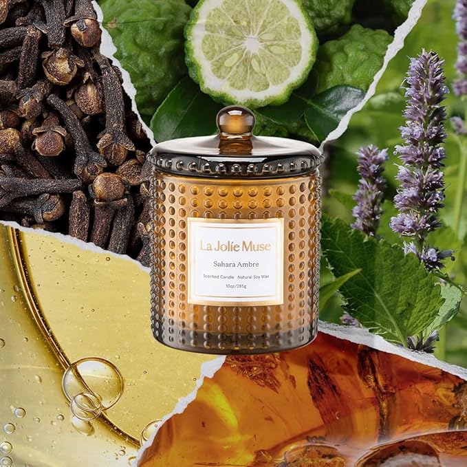 LA JOLIE MUSE Sahara Amber Scented Candle | Bergamot, Clove & Amber | 10 oz Soy Candle | Natural Soy Wax | 55 Hours Clean Burn | Gift-Ready for Cozy Nights | Elevated Home Décor
