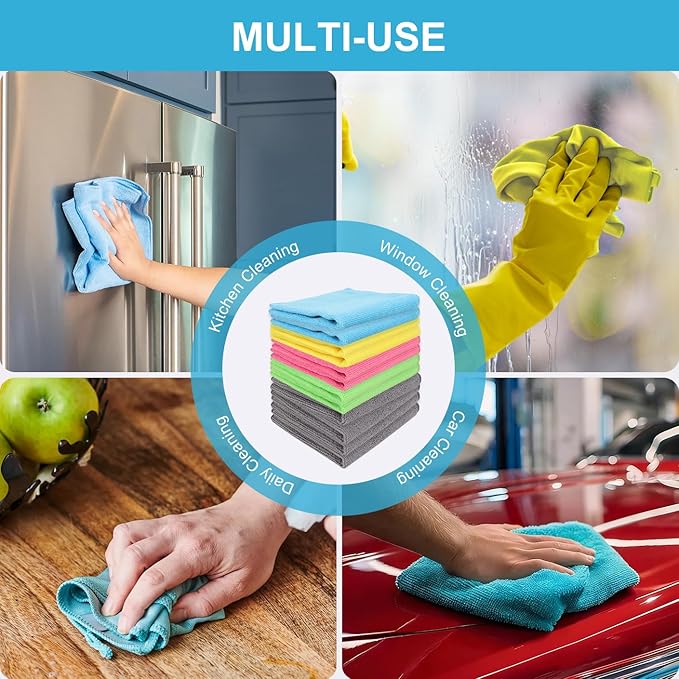 BeiLan Microfiber Cleaning Cloth: 24 Pack Cleaning Towels with 5 Color Assorted - 12"x12" All-Purpose Microfiber Clothes for Home/Kitchen/Car/Window/Glass