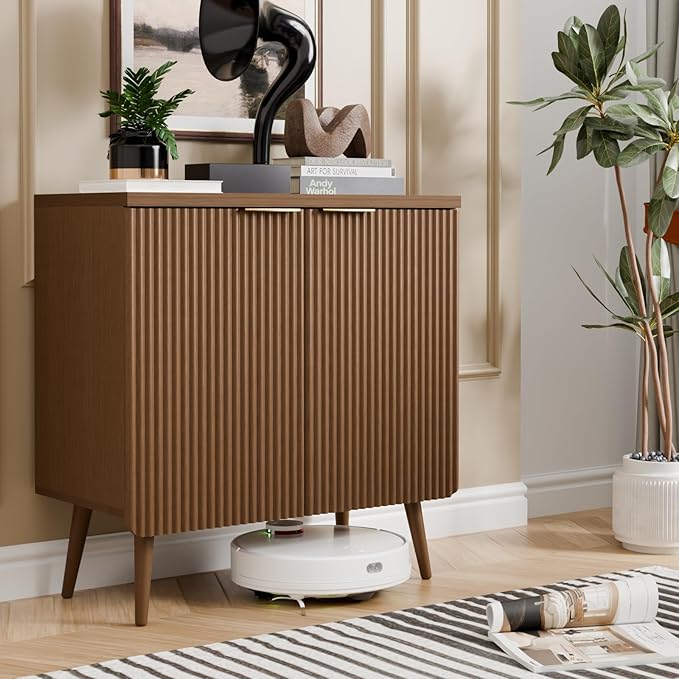 Sideboard Buffet Cabinet with Storage, Modern Fluted Accent Credenza with 2 Doors, Buffet Media Console Entryway Cabinets with Adjustable Shelves for Living Room Dining Room Hallway, Walnut