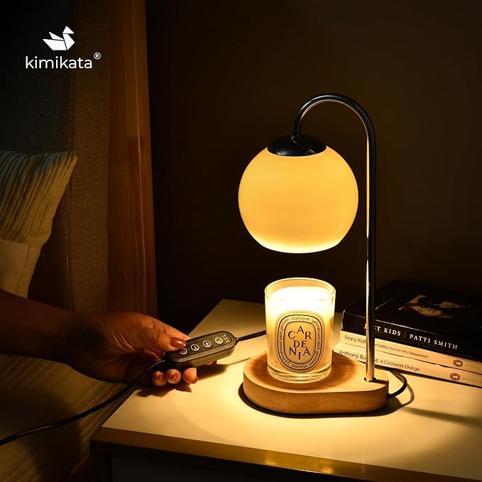 Modern Candle Warmer Lamp with Timer and Dimmer, Dimmable Electric Candle Lamp Warmer, Wax Melt Warmer, Glass with Wood Base, Home Decor Gifts 2 Bulbs Included (Beige and Natural Wood Base)