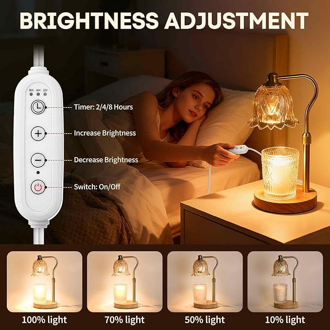 Candle Warmer Lamp with Timer and Dimmer, Adjustable Height Candle Warmer with 2 Bulbs for Living Room Bedroom Home Room Decor, Gift for Women, Wooden Base
