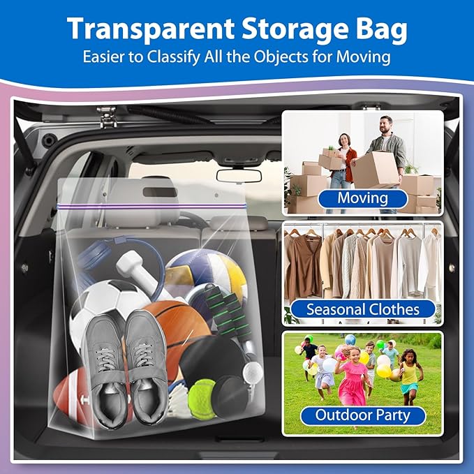 5 Gallon Zipper Bags with Handle and Bottom, Pack of 6, Heavy Duty Clear Handy Plastic Storage Bag, 18"x24" Reusable Large Zip Storage Bag for Sports, Travel, Moving and Clothes, 3-Mil Thick