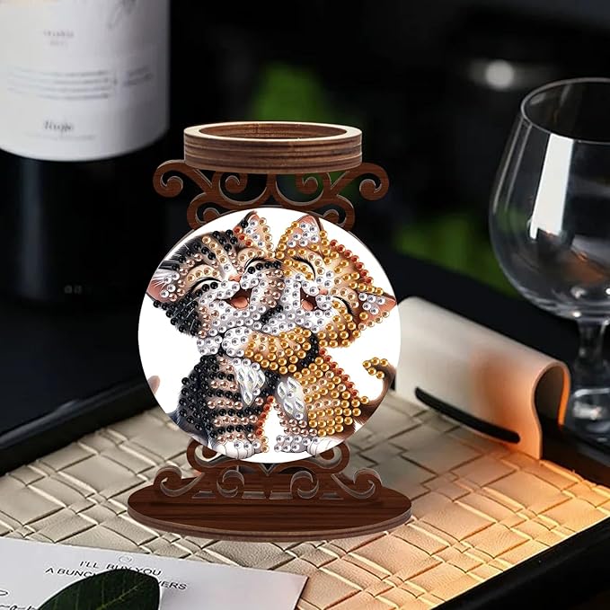 DIY Diamond Candlestick Holders Diamond Art Painting Wooden Home Decoration Candlestick Christmas Halloween Ornaments Double-Sided Diamond Cat Hug Candle Holder Kits Tabletop Decoration